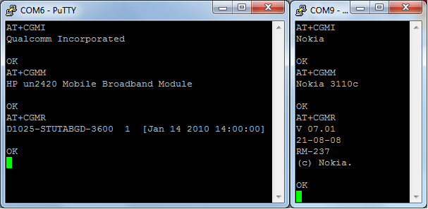 Terminal sessions with a Qualcomm (left) and Nokia (right) 3G modems