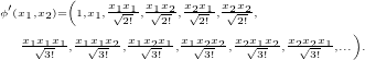 \begin{align*} \scriptscriptstyle\phi'(&\scriptscriptstyle x_1, x_2) = \left(1, x_1, \frac{x_1x_1}{\sqrt{2!}}, \frac{x_1x_2}{\sqrt{2!}}, \frac{x_2x_1}{\sqrt{2!}}, \frac{x_2x_2}{\sqrt{2!}}, \right. \\ &\scriptscriptstyle \left.\frac{x_1x_1x_1}{\sqrt{3!}}, \frac{x_1x_1x_2}{\sqrt{3!}}, \frac{x_1x_2x_1}{\sqrt{3!}}, \frac{x_1x_2x_2}{\sqrt{3!}}, \frac{x_2x_1x_2}{\sqrt{3!}},  \frac{x_2x_2x_1}{\sqrt{3!}}, \dots\right).\\ \end{align*}